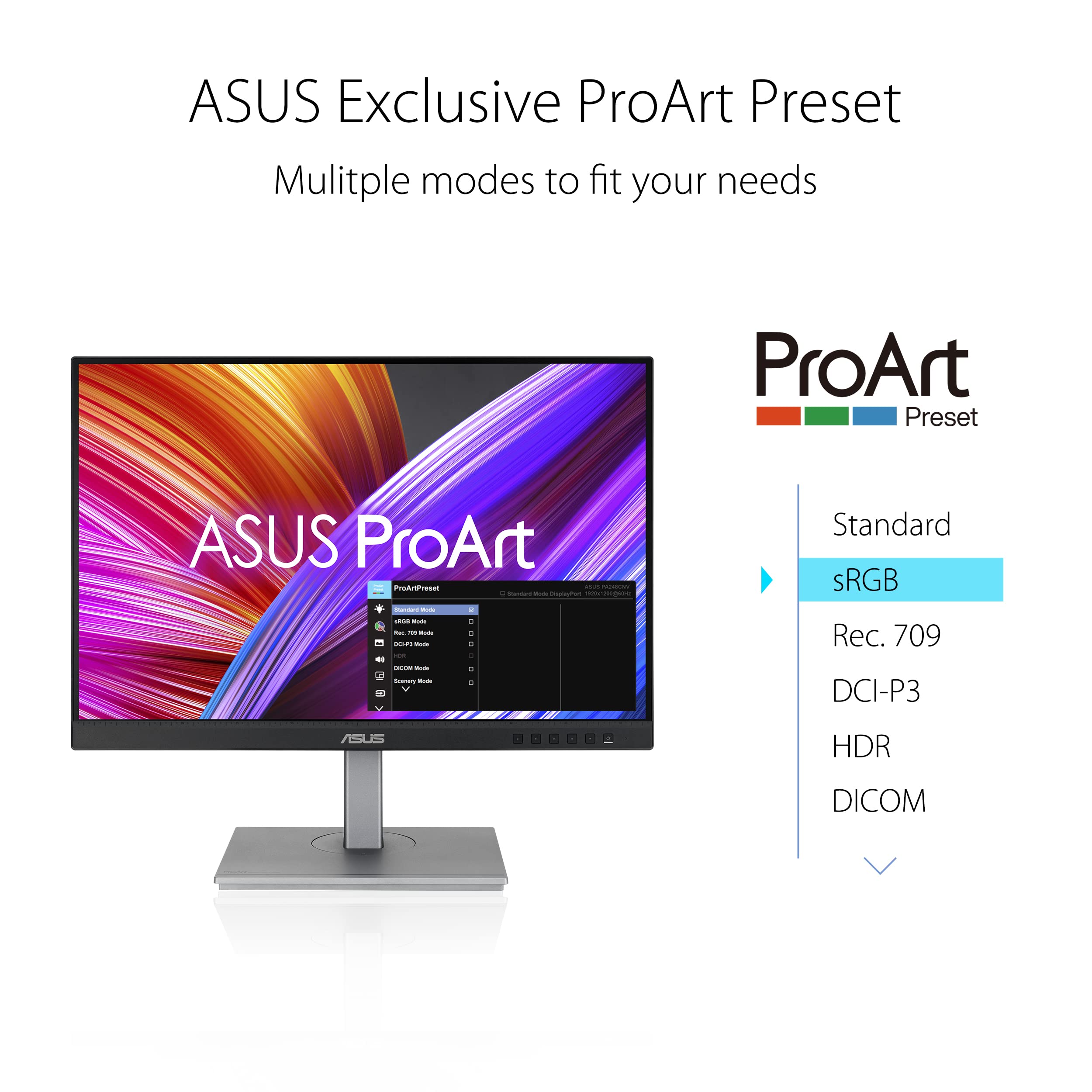 ASUS ProArt Display 24.1” 16:10 Professional Monitor (PA248CNV) - IPS, WUXGA (1920 x 1200), 100% sRGB/Rec.709, Color Accuracy ΔE2, Calman Verified, RJ45, USB-C, HDMI, Daisy Chain, DisplayPort, 75Hz