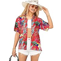 HAPPY BAY Hawaiian Shirts Womens Casual Beach Party Short Sleeve Tropical Vacation Tops Blouse Shirt Summer Dress Shirts Colorful Blouses for Women S Parrots, Red