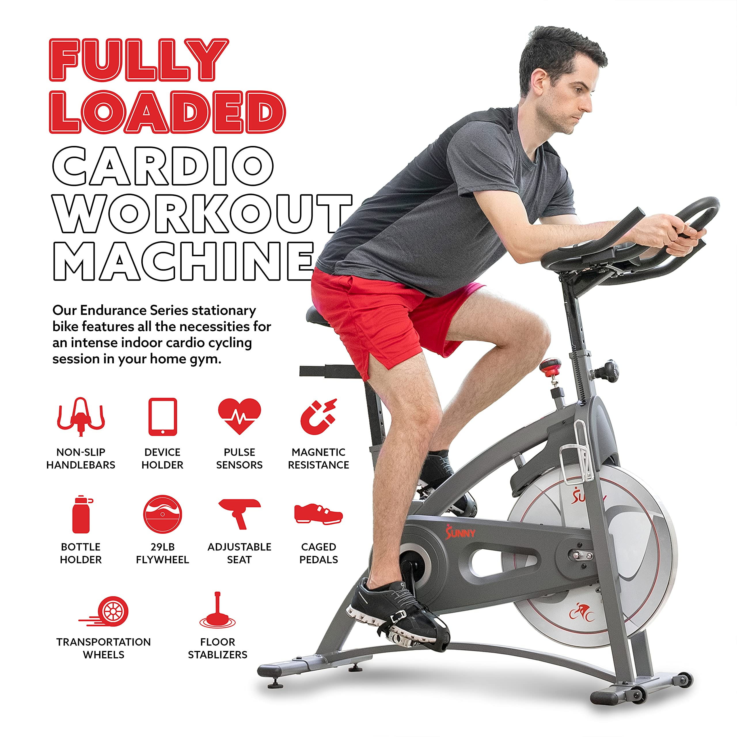 Sunny Health & Fitness Endurance Indoor Cycling Exercise Bike with Magnetic Resistance and Optional Exclusive SunnyFit™ App and Smart Bluetooth Connectivity, 265 LB Weight Capacity