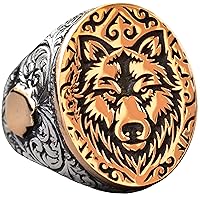 KAMBO 925K Solid Sterling Silver Men's Slavic Wolf Ring - Gothic Zodiac Animal Design, Unique Handcrafted Jewelry