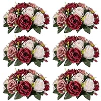 Nuptio Artificial Flower Centrepieces for Tables - 6 Pcs Burgundy & Dusty Rose & Creamy White Fake Flowers Roses Balls 9.5in Diam - Silk Faux Rose Arrangement for Wedding Party Centerpiece Table Decor