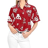 LA LEELA Women's Hawaiian Blouse Dresses Button Down Summer Tops Vintage Shirt Short Sleeve Shirts Halloween Blouses for Women L Cartoon Skull, Spooky Red