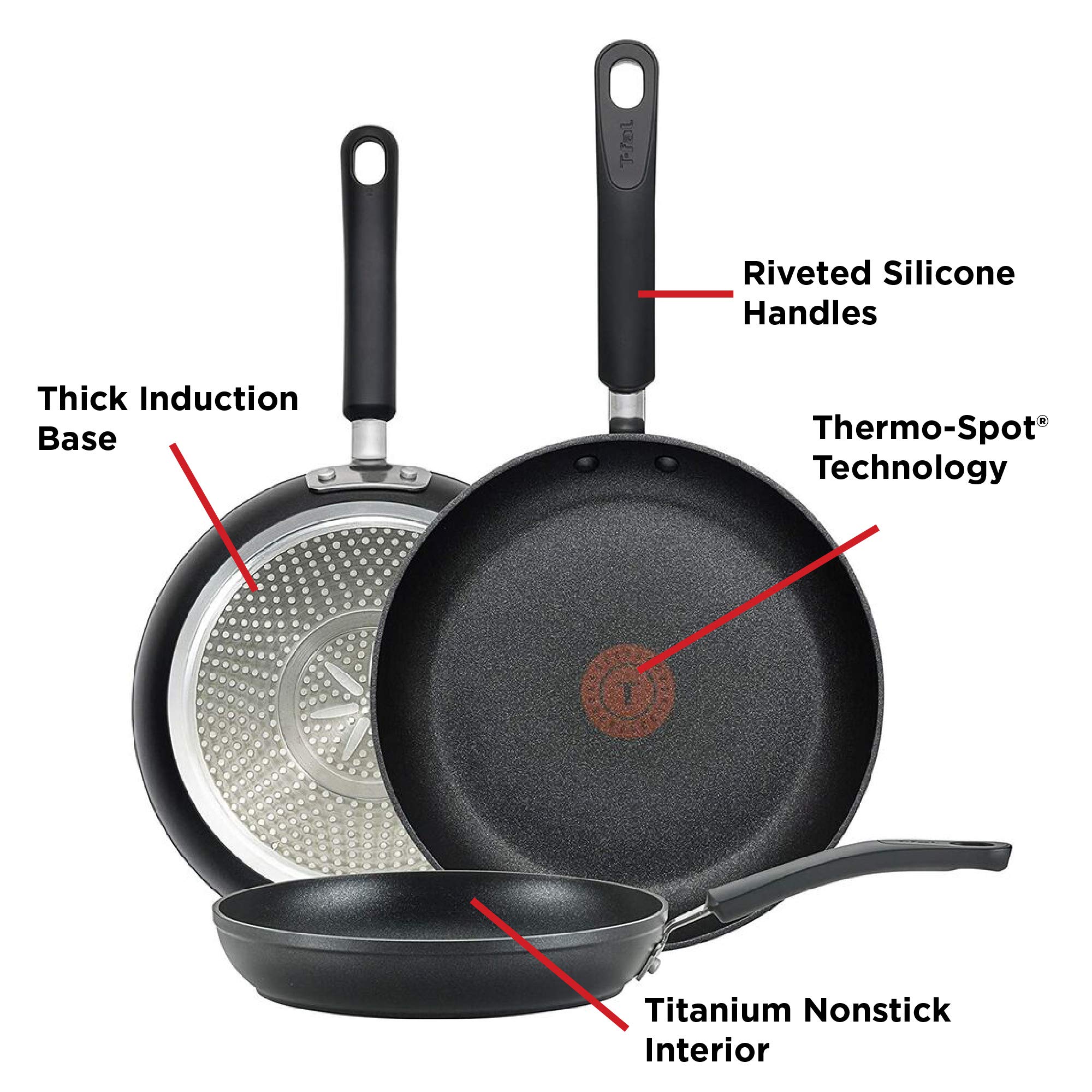 T-fal Experience Nonstick 3 Piece Fry Pan Set 8, 10.25, 12 Inch Induction Cookware, Pots and Pans, Dishwasher Safe Black