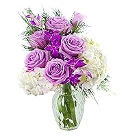 KaBloom PRIME NEXT DAY DELIVERY - Mother’s Day Collection - Bouquet of Purple Roses,White Hydrangea,Purple Orchids and Greens with Vase.Gift for Birthday, Anniversary, Mother’s Day Fresh Flowers