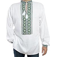 Ukrainian Vyshyvanka for Men Shirt Handmade Embroidered White Linen Blue Yellow Cross Stitch Pattern hemstitch 2XL