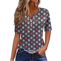 4th of July Shirts Women Independence Day Shirts Women Plus Size Split Neck Comfort Cool Patriotic Button Tee