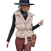 Jacket for Women - Houndstooth Belted Vest Puffer Coat (Color : Yellow, Size : Small)