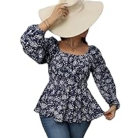 OYOANGLE Women's Plus Size Long Sleeve Floral Print Blouse Peplum Boho Square Neck Top Shirt