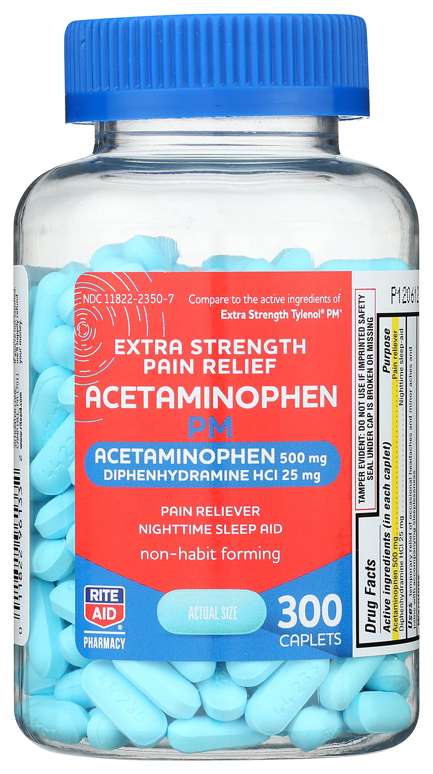 Rite Aid Extra Strength Pain Relief Acetaminophen PM Caplets, 500mg Acetaminophen / 25mg Diphenhydramine - 300 Count - Nighttime Pain Reliever + Sleep Aid