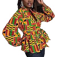 Women's African Print Shirt Kente Tops Open Front Ladies Bell Sleeve Dashiki Blouse Ankara Kente Outwear Jacket