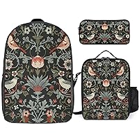 Enchanted Flowers and Birds Print Backpack 3Pcs Set Cute Back Pack with Lunch Bag Pencil Case Shoulder Bag Travel Daypack
