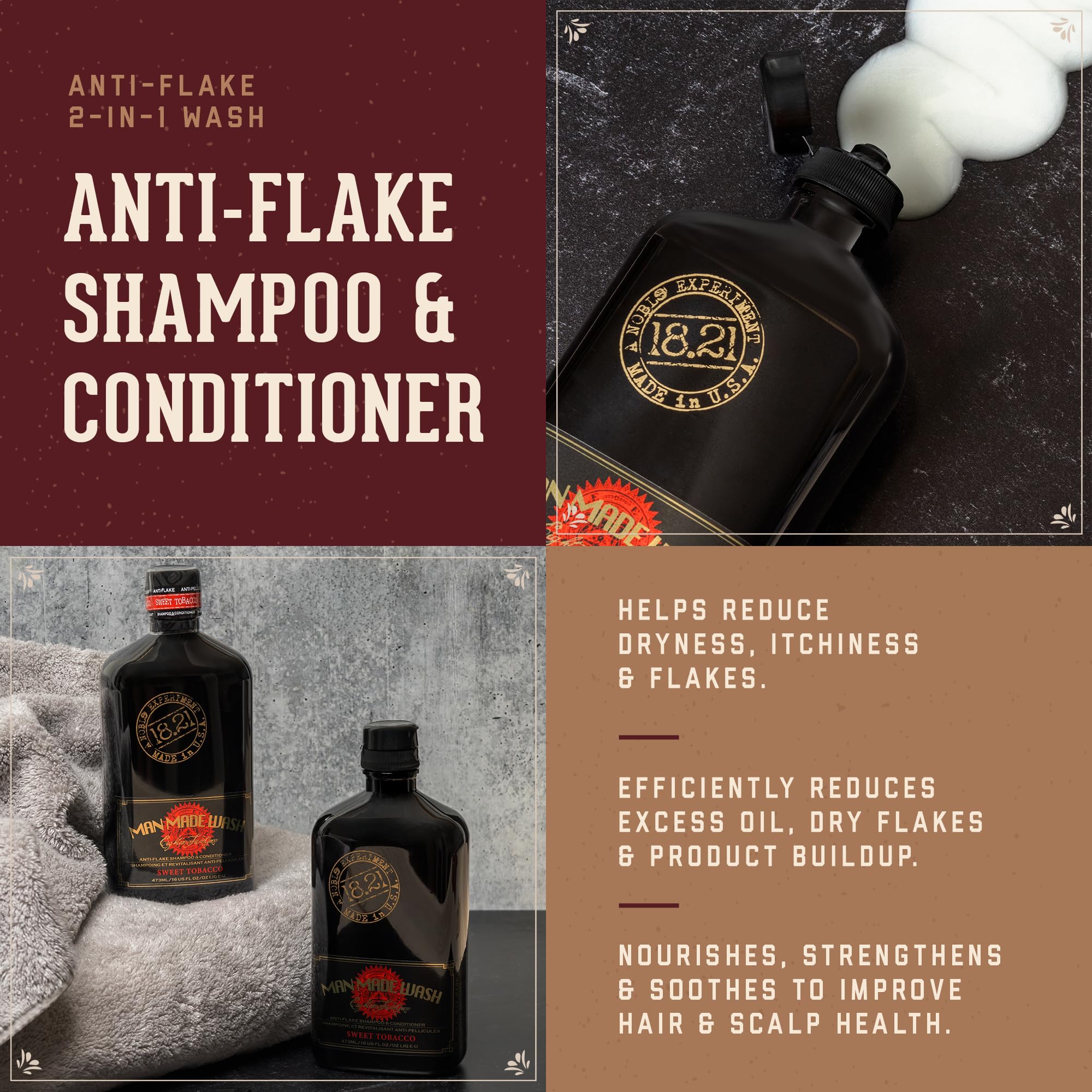 18.21 Man Made Anti-Flake 2-in-1 Shampoo & Conditioner in Sweet Tobacco: Hydrating Cleanse Helps Dry, Itchy, Flaky Scalp