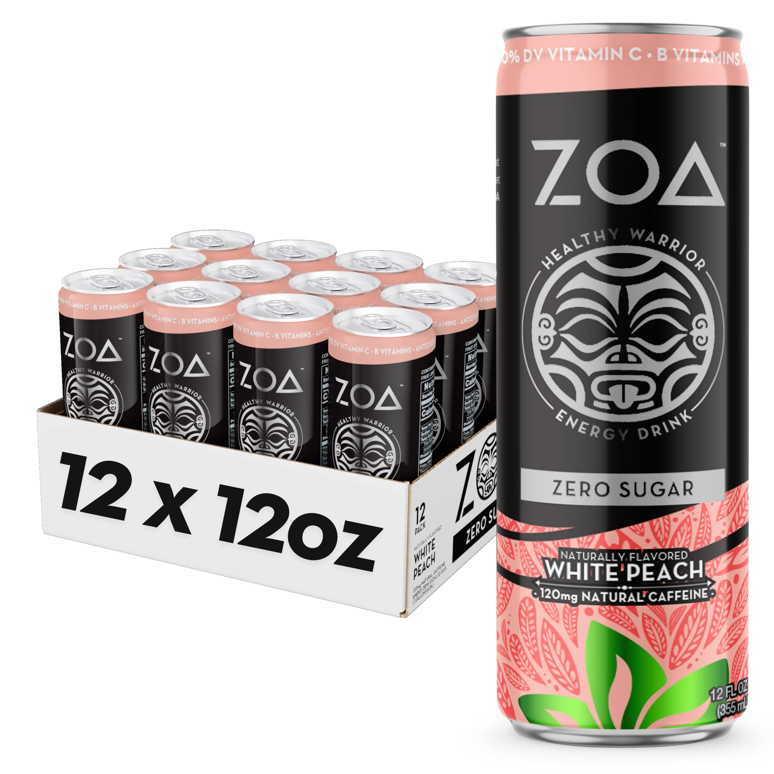 ZOA Sugar Free Energy Drink - White Peach 12 Fl Oz - Healthy Energy Drinks with B Vitamins, Amino Acids, Camu Camu, Electrolytes & Natural Clean Ca...