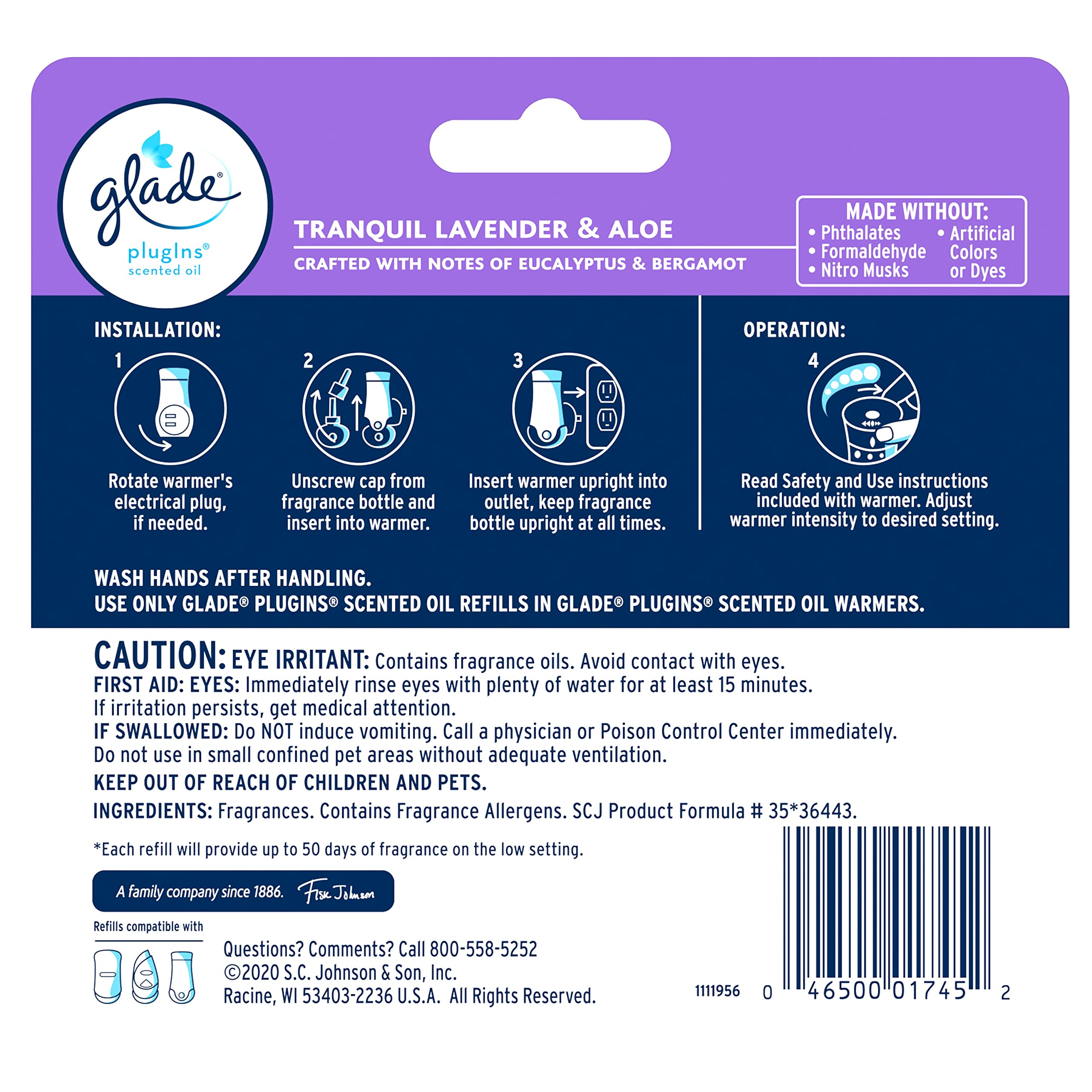 Glade PlugIns Refills Air Freshener, Scented and Essential Oils for Home and Bathroom, Tranquil Lavender & Aloe, 3.35 Fl Oz, 5 Count