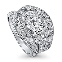 BERRICLE Sterling Silver 3-Stone Wedding Engagement Rings Cushion Cut Cubic Zirconia CZ Ring Set for Women, Rhodium Plated Size 4-10
