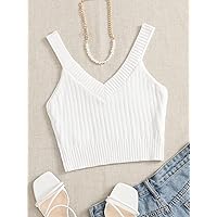 Solid Ribbed Knit Top (Color : White, Size : Medium)