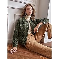 Jacket for Women - Flap Pocket Argyle Quilted Coat (Color : Army Green, Size : Small)