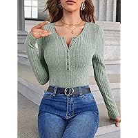 Women's Tops Sexy Tops for Women Shirts Ribbed Knit Half Button Tee Shirts (Color : Mint Green, Size : X-Large)