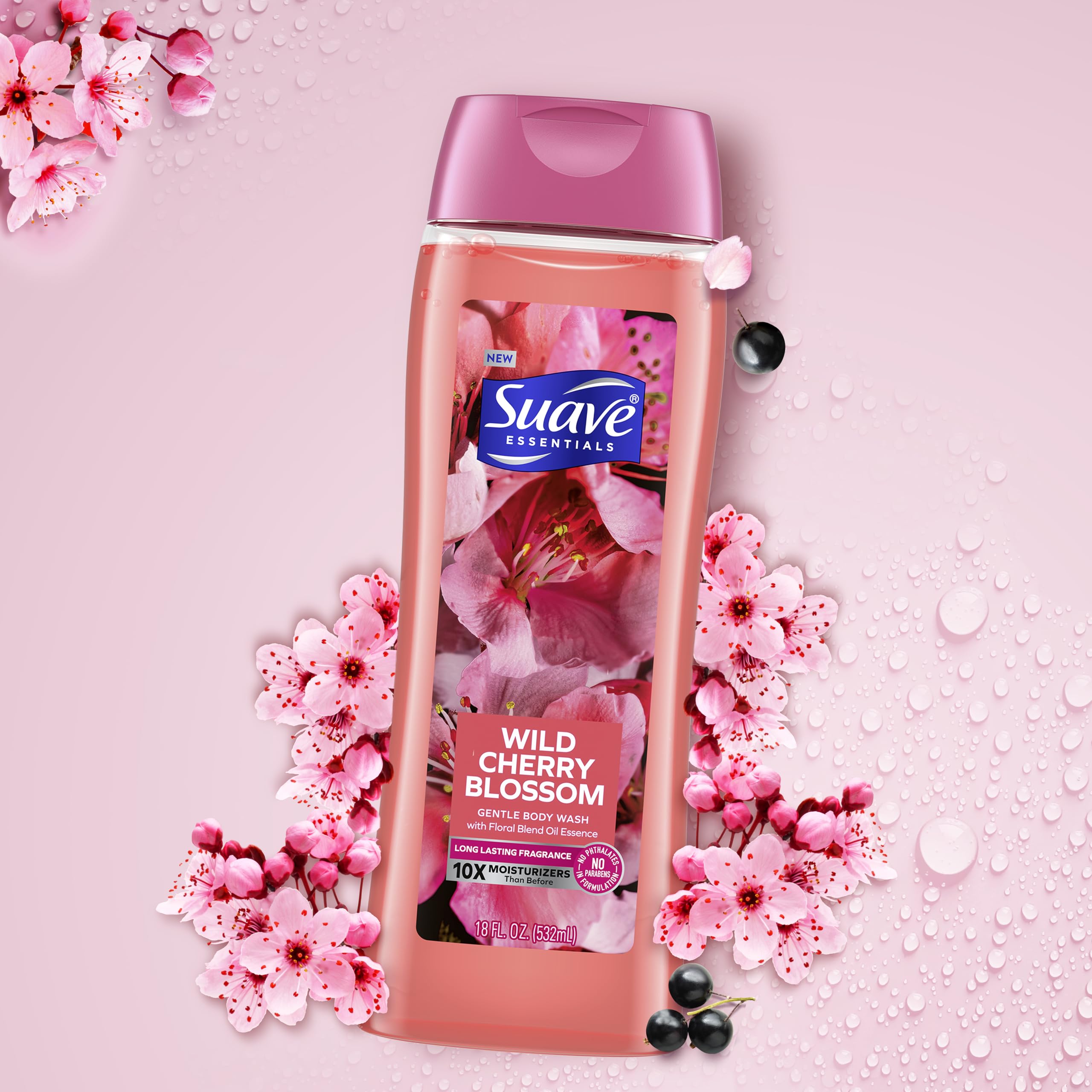 Suave Moisturizing Body Wash, with Wild Cherry Blossom and Vitamin E Extract, No Parabens, No Phtahaltes, 18 Oz Pack of 6