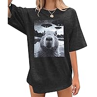 Oversized Animal UFO Graphic Tees - Funny Capybara Selfie with UFOs Weird Shirt Vintage Print Tshirt
