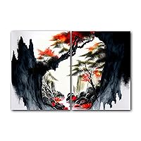 Japanese Style, Rocky Mountain Landscape in Watercolor Painting, Set of 2 Poster Print, Wall Art Décor, Multiple Sizes (12 x 16 Inches)