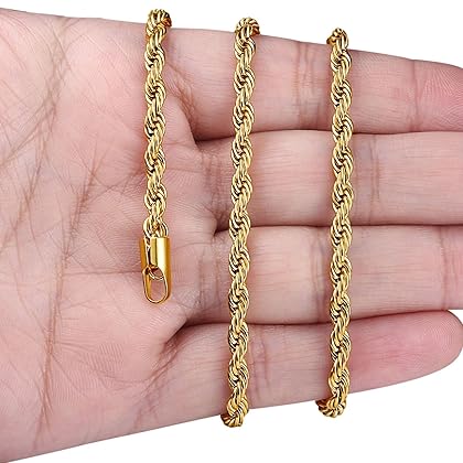 FIBO STEEL 18k Real Gold Plated 2.5-8 MM Stainless Steel Mens Womens Necklace Twist Rope Chain, 16-36 inches
