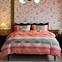 Wake In Cloud - King Comforter Set with Sheets, 7 Piece Bed in a Bag, Lightweight Bedding for Women Girls, Boho Chic Bohemian Green Orange Coral Cute Hippie Mandala Aesthetic