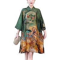 Vintage Women's Silk Satin Cheongsam Elegant High Neck Casual Comfortable Loose Mini Dress