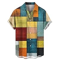 Retro Short Sleeve Button Down Shirts for Men Vintage Summer Fashion Patchwork Color Block Classic Fit Casual Tops
