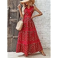Dresses for Women - Gold Dot Print Guipure Lace Insert Ruffle Hem Dress (Color : Red, Size : Small)