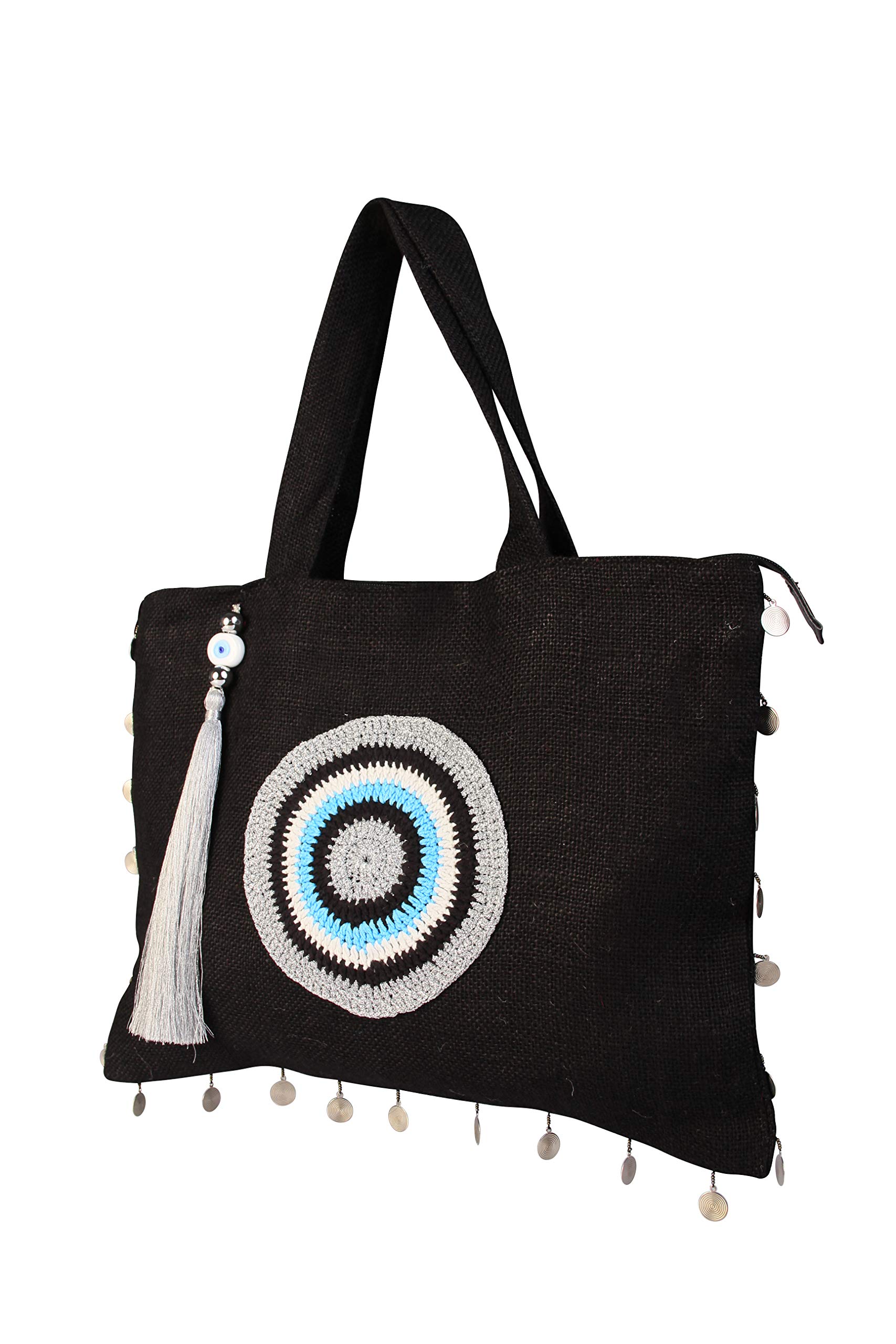 KarensLine Handmade Oversize Evil Eye Black- Silver Jute Handbag Tote Beach Bag Zipper Gift Bag with Crystals and Tassels, Large