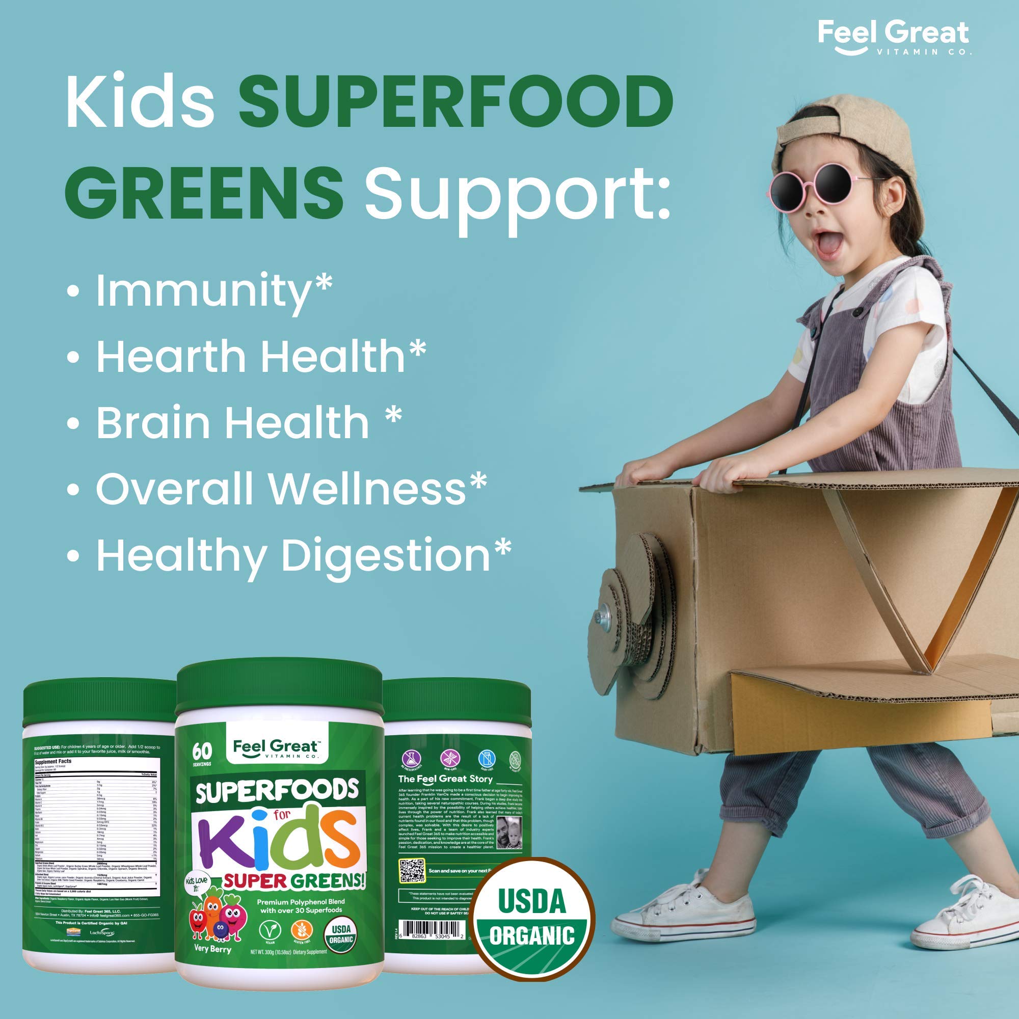 Certified USDA Organic Superfood Greens for Kids Berry Juice Powder by Feel Great Vitamin Co. | Prebiotics, Probiotics & Digestive Enzymes | Vegan, Gluten-Free & Dairy-Free w/Immune Support*