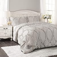 Lush Decor Avon Comforter Set - Romantic Farmhouse 3 Piece Bedding Set with Pillow Shams - Elegant Ruffle Ribbon & Soft Textured Design - Full/ Queen, Light Gray