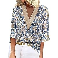 Women T-Shirt Casual Summer 3/4 Sleeve Shirts Lace V Neck Dressy Tops Trendy Vacation Floral Blouses