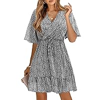 KIRUNDO Women's Summer Dresses 2024 Casual Short Sleeve V Neck Ruffle Floral Print High Waist Flowy Mini Dress with Belt