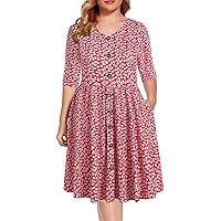 BEDOAR Women's Casual Plus Size Dress V-Neck Knee-Length A-Line Party Cocktail Swing Dress with Pockets
