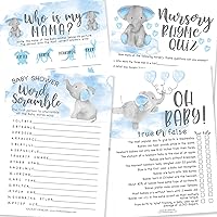 25 Elephant Word Scramble For Baby Shower, 25 True Or False Game, 25 Baby Animal Matching, 25 Nursery Rhyme Game - 4 Double Sided Cards Baby Shower Ideas, Baby Shower Party Supplies