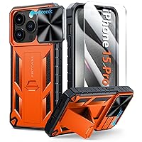 FNTCASE for iPhone 15 Pro Case: Military Grade Drop & Shock Protection Cell Phone Cover with Kickstand & Slide | Rugged Protective Bumper Textured | Heavy Duty Protector(Orange)