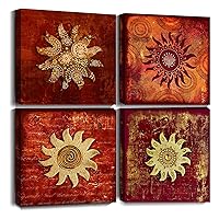 Vintage Flowers Pattern Canvas Prints Wall Art for Bathroom 4 Piece Framed Artwork Abstract Red Sunflower Picture Ready to Hang for Home Decoration 12x12