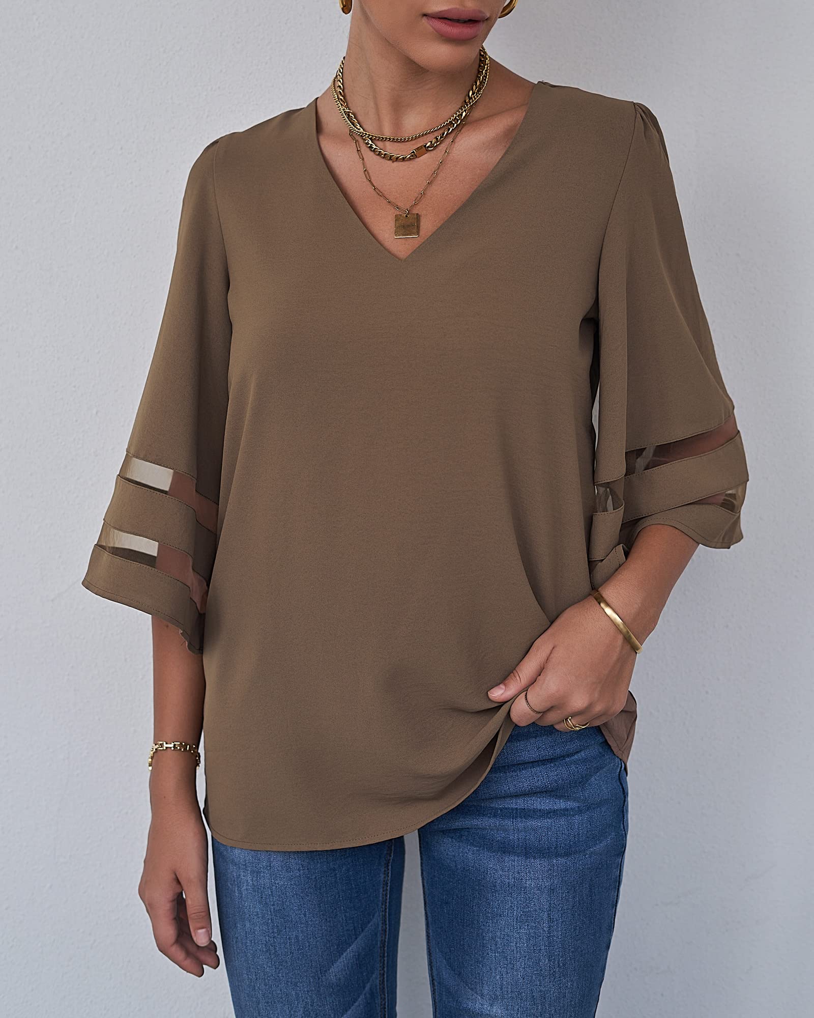 LookbookStore Women's V Neck Mesh Panel Blouse 3/4 Bell Sleeve Loose Top Shirt