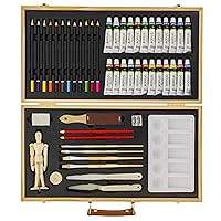 50-Piece Complete Artist Painting and Drawing Set in Wood Storage Case - 24 Acrylic Paint Colors, 4 Brushes, 12 Colored & 2 Graphite Pencils, Painting Palette, Manikin - Kids, Students