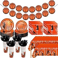 214 Pcs Basketball Party Supplies Set Includes Banner, Plates, Napkins, Cups, Knives, Forks, Spoons, Tablecloths for Birthday Sports Party Decorations, Serves 30 Guests