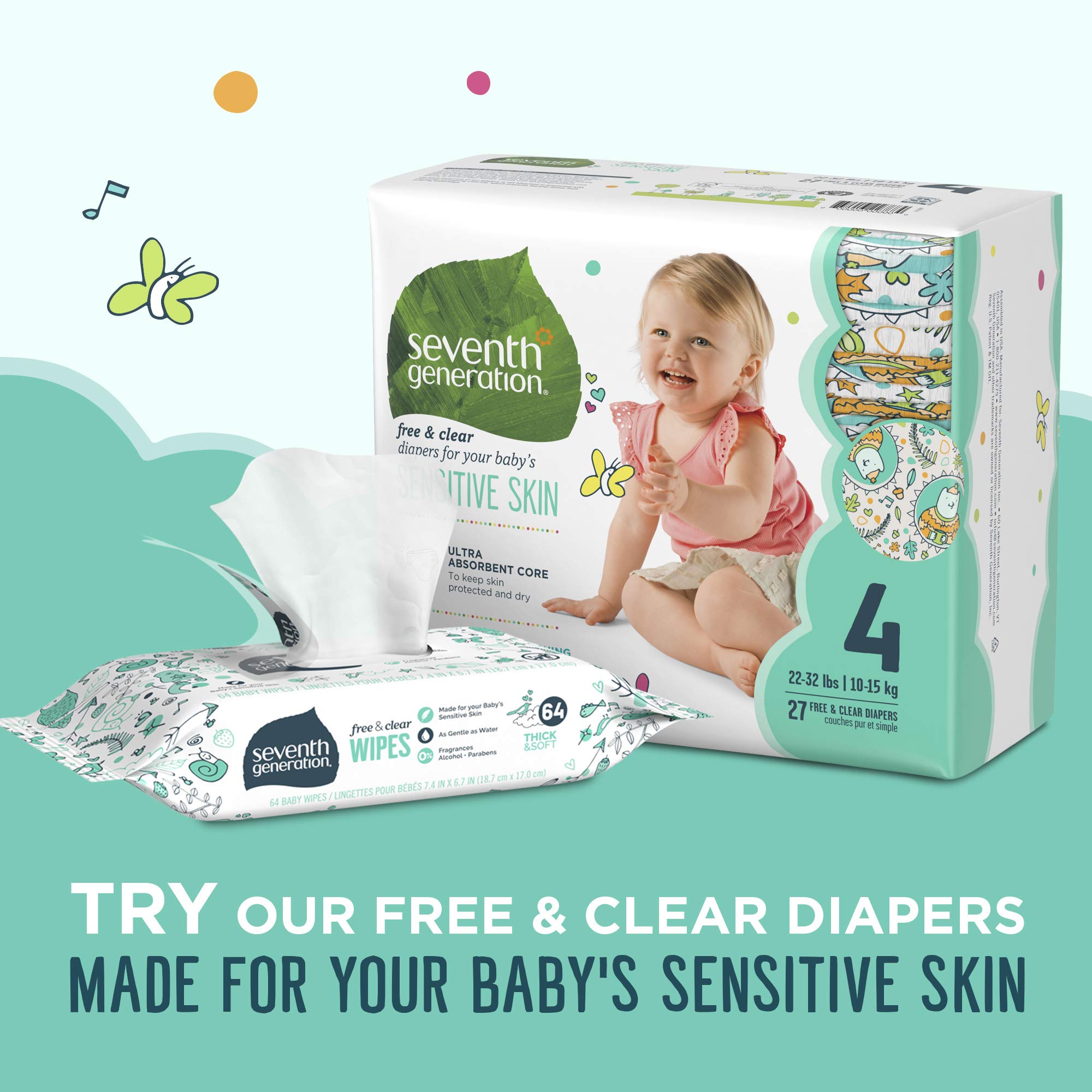 Seventh Generation, Baby Wipes, Unscented and Sensitive, 64 Count (Pack of 2)
