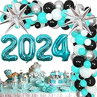 2024 Graduation Party Decorations Kit - Teal and Black Balloon Garland Arch, Turquoise 2024 Balloon, Silver Star Foil Balloon for Senior, Graduate, Anniversary, New Years Eve Party Supplies