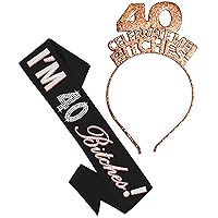 RhinestoneSash 40th Birthday Sash & Crown Set - I’m 40 Bitches Rose Gold & Silver Black Satin Sash & 40 Celebrate Me Bitches Rose Gold Headband – Black/Silver GSet(40Btchs RG/SLV) Blk