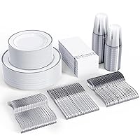 FOCUSLINE 350pcs Silver Dinnerware Set for 50 Guests, Silver Rimmed Plastic Plates Disposable Heavy Duty, Including 50 Dinner Plates, 50 Dessert Plates, 50 Cups, 50 Napkins, 50 Silverware Set