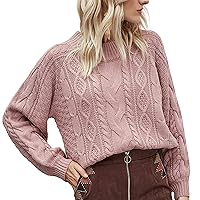 Women's Casual Loose Knit Sweater Puff Sleeve Crewneck Twisted Pullover Jumper Tops