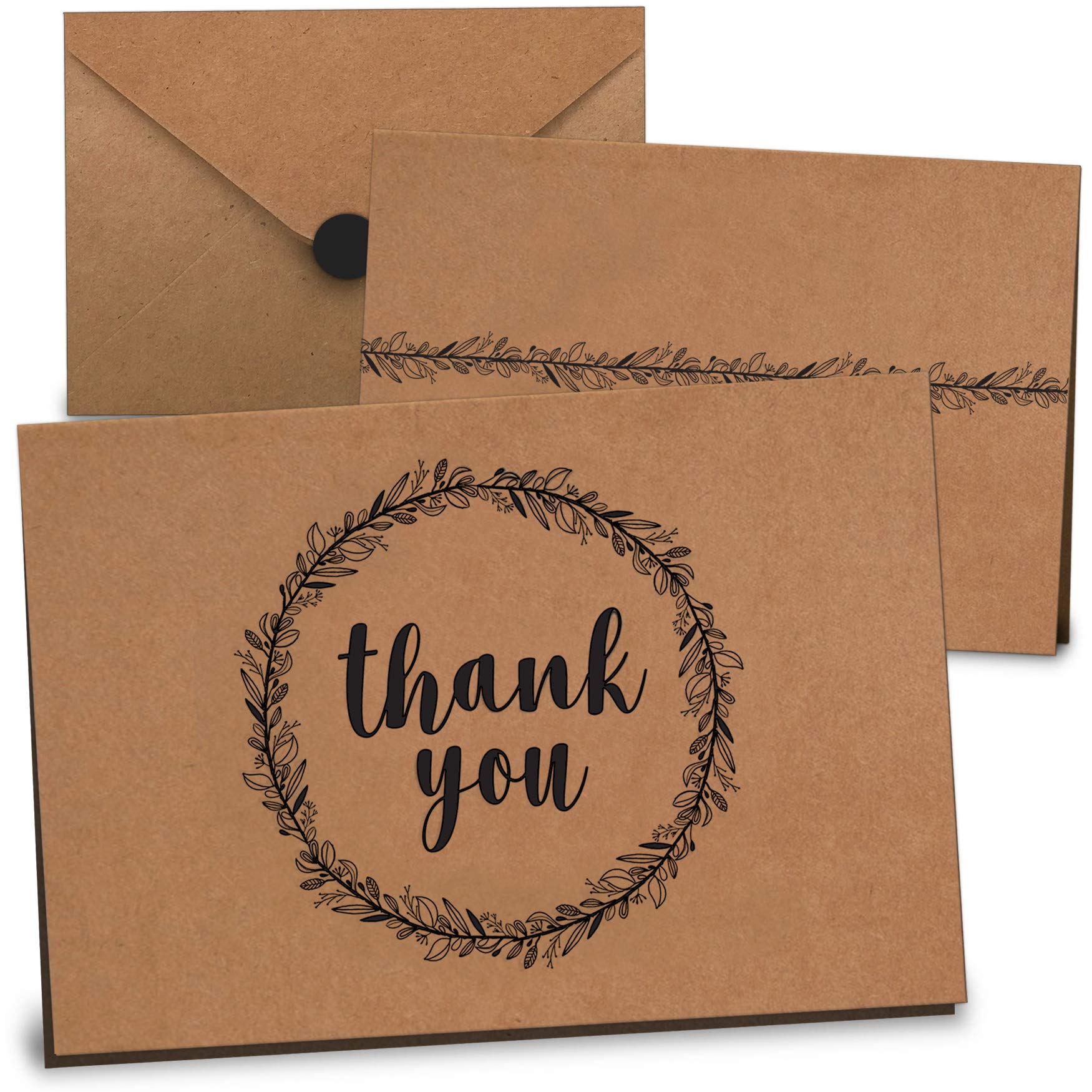 Thank You Cards Bulk Set of 100 - Includes Thank You Notes, Blank Cards with Envelopes & Stickers - Perfect for Business, Wedding, Graduation, Bridal & Baby Shower, Funeral - Floral Kraft Paper Design
