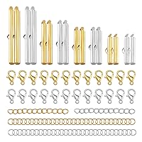 Pandahall 80pcs 4 Size Iron Slide On End Clasp 20/25/30/40mm Tubes Slider Crimp End Caps with Twist Extender Chains Lobster Claw Clasp Jump Ring for Jewelry Making Finding (Golden, Platinum)