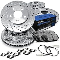 R1 Concepts Front Rear Brake Rotors Drilled and Slotted Silver with Semi Metallic Pads, Hardware Kit, and Sensor Wire Compatible For 2011-2016 Porsche Cayenne